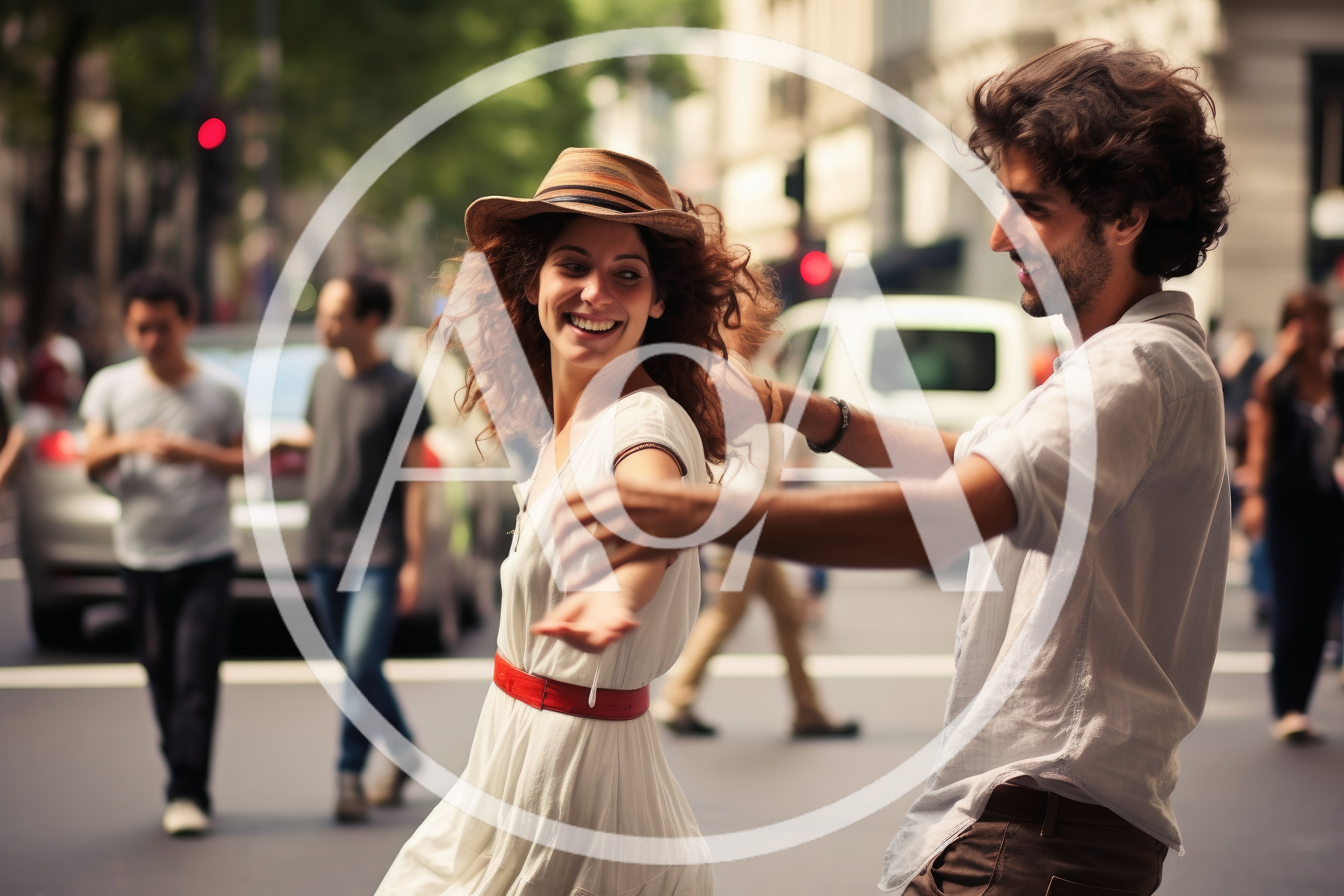 Happy Couple Dancing Together On A Busy City Street
