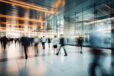 Blurred Commuters Walking Through Modern Glass Office Lobby