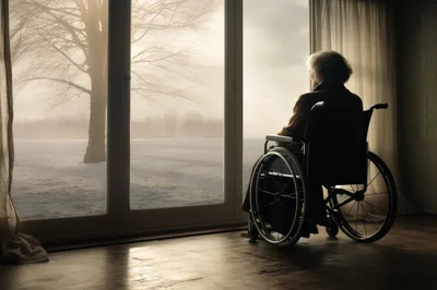 Elderly Person Sitting In Wheelchair Looking Out Window