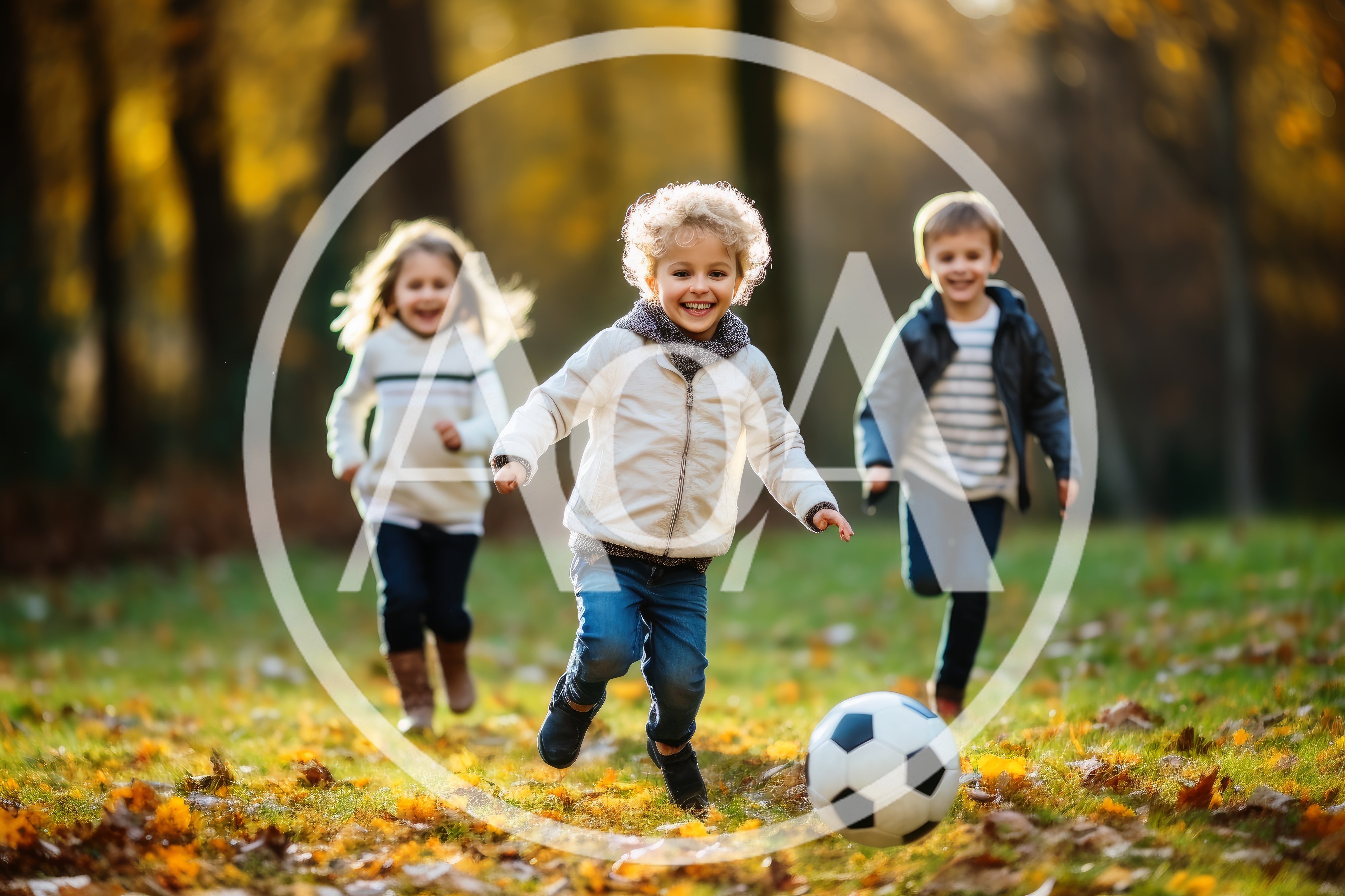 Three Happy Children Playing Soccer in Autumn Park
