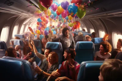 Joyful Passengers Celebrating With Balloons Inside Airplane Cabin