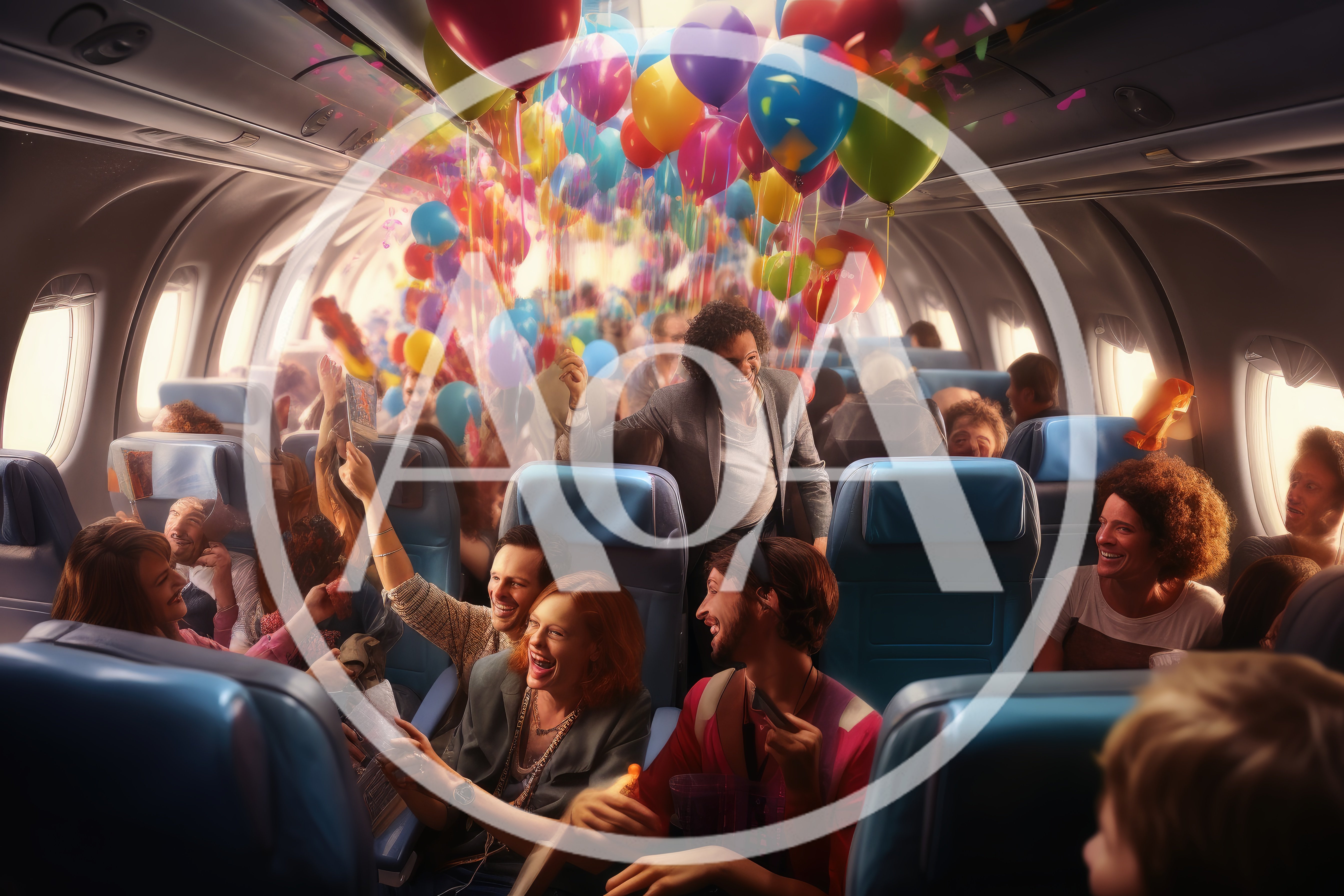 Joyful Passengers Celebrating With Balloons Inside Airplane Cabin