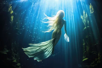 Ethereal Mermaid Swimming Through Deep Underwater Light Rays