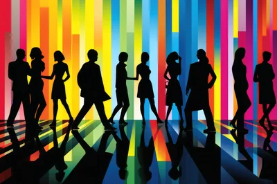 Silhouettes Of Business People Walking Against Colorful Background