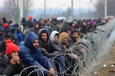 Migrants Waiting Along A Barbed Wire Border Fence