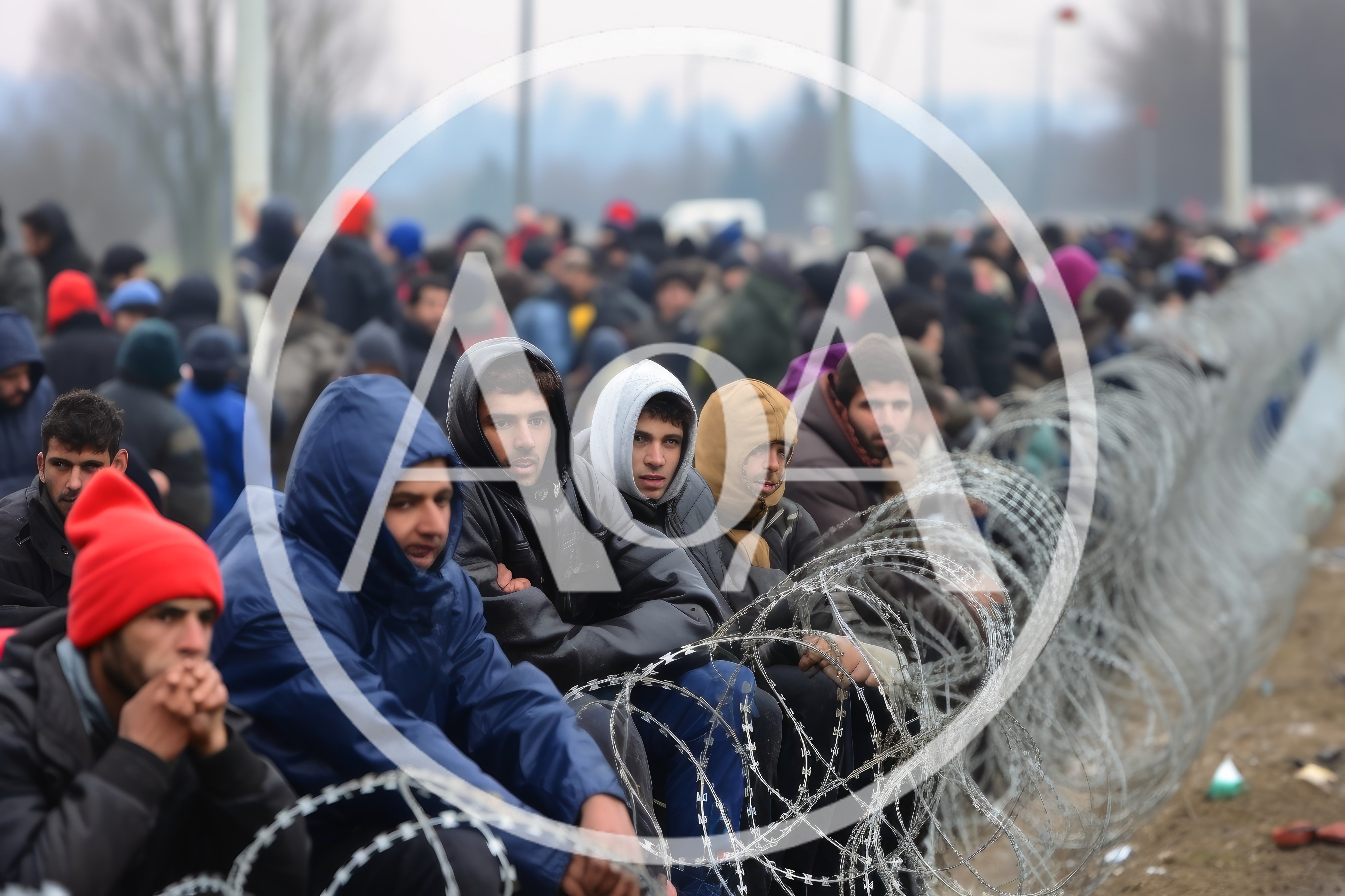 Migrants Waiting Along A Barbed Wire Border Fence