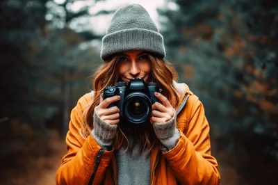 Young Woman Holding Camera In Autumn Forest
