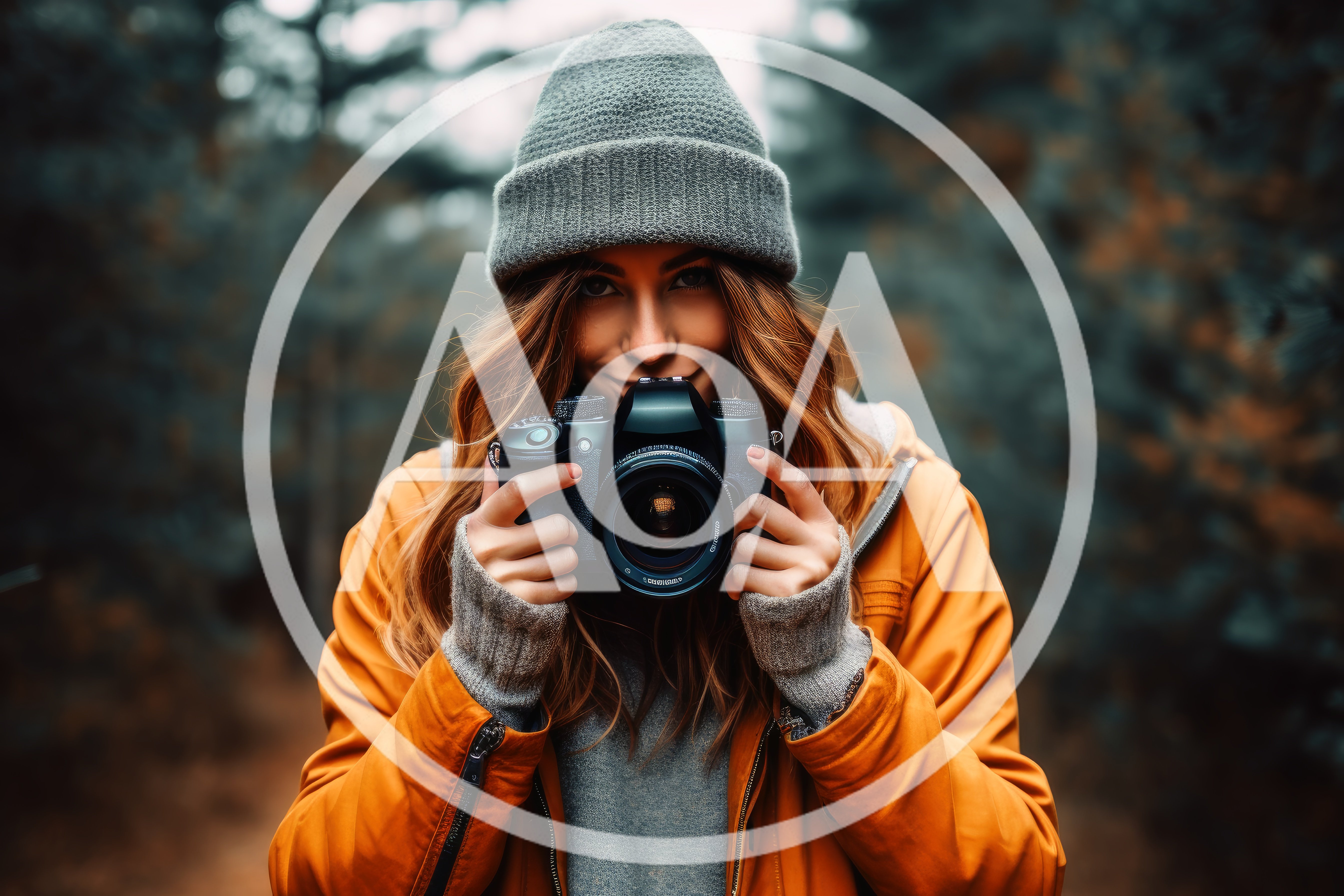 Young Woman Holding Camera In Autumn Forest