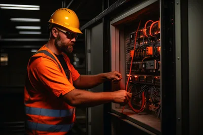 Electrician Working On Industrial Electrical Control Panel