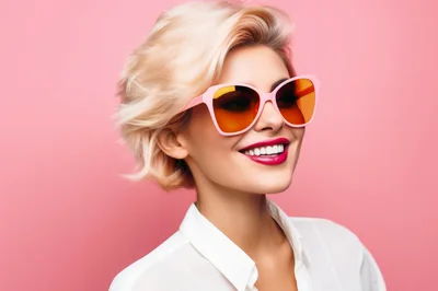 Smiling Blonde Woman Wearing Pink Sunglasses