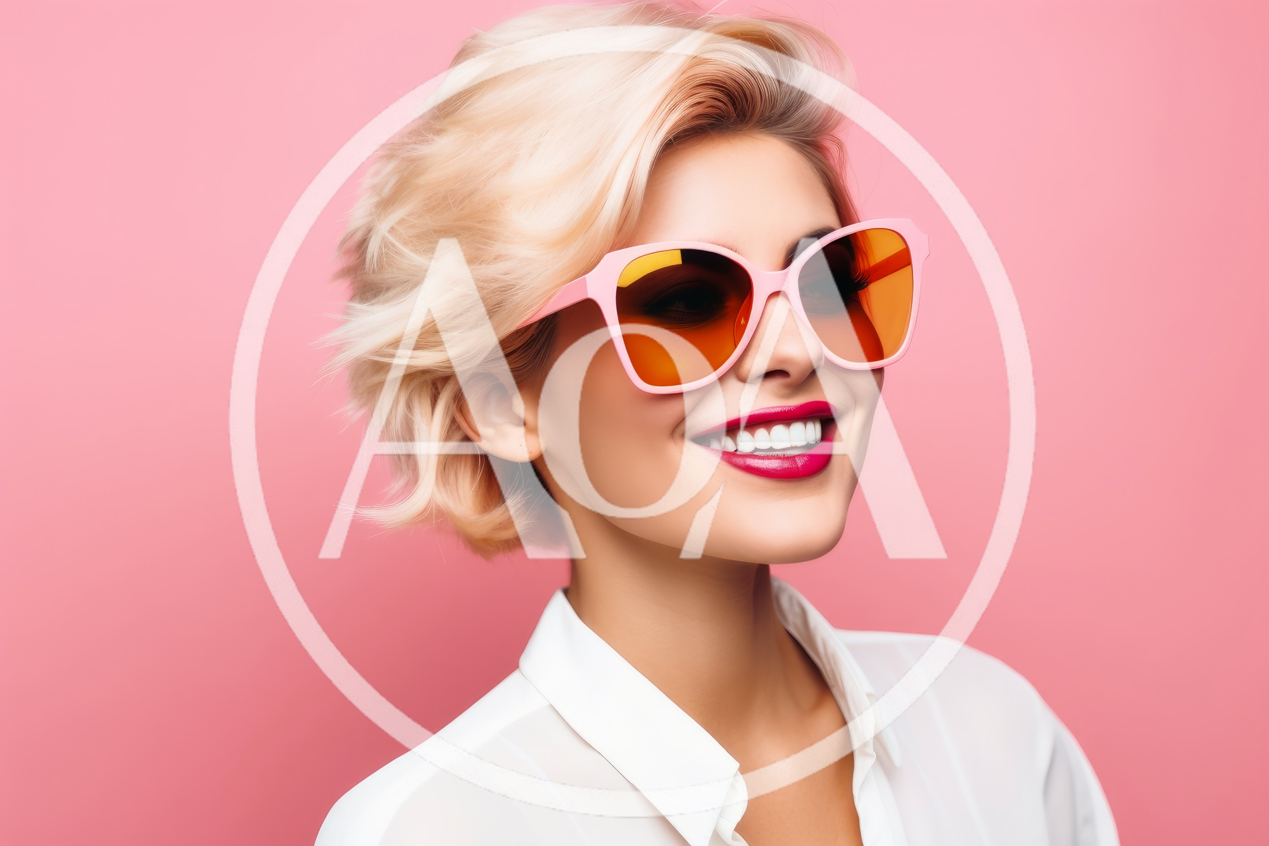 Smiling Blonde Woman Wearing Pink Sunglasses