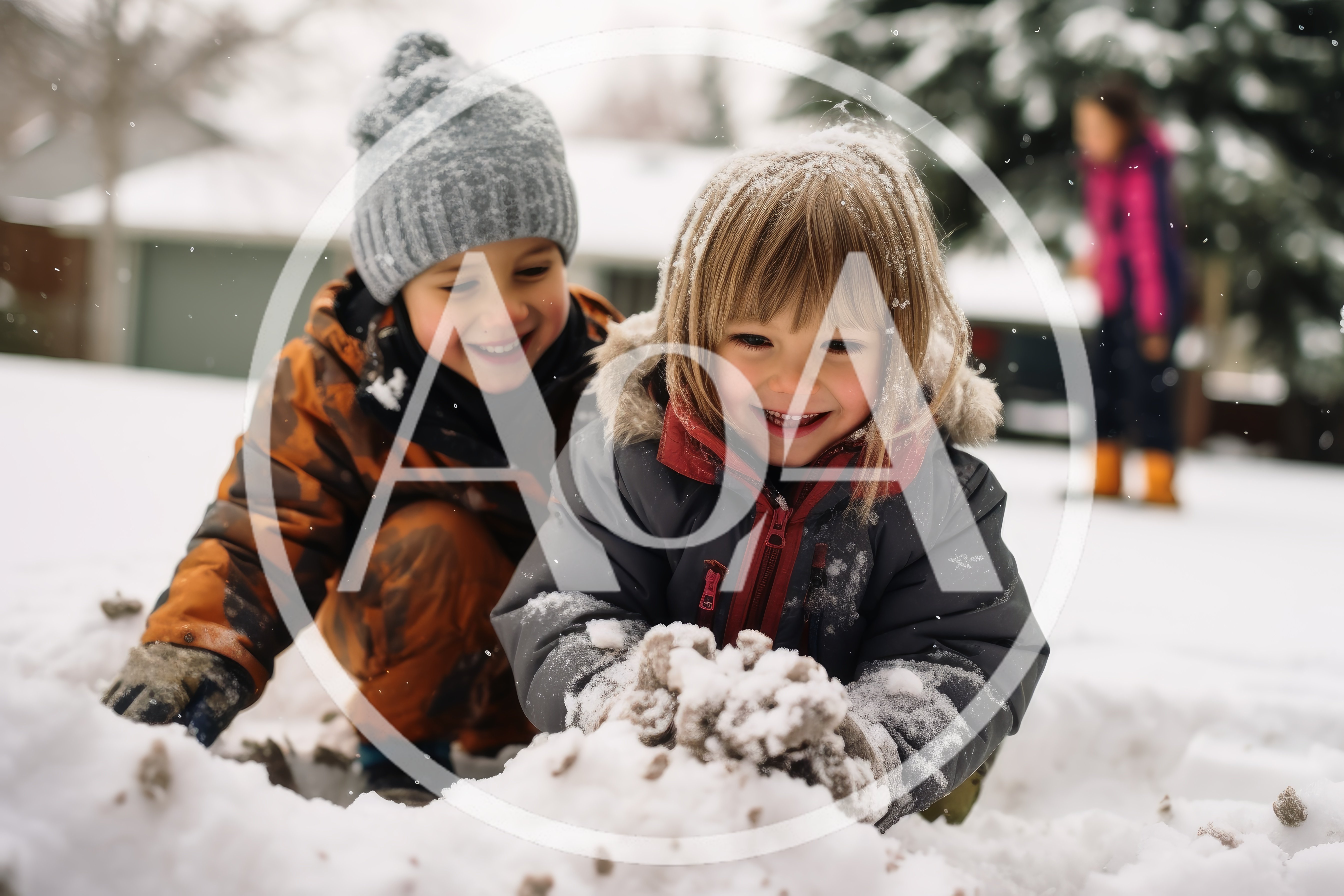 Two Young Children Playing Together In The Snow
