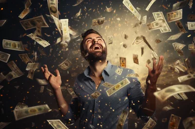 Excited Man Celebrating Success Under Falling Money