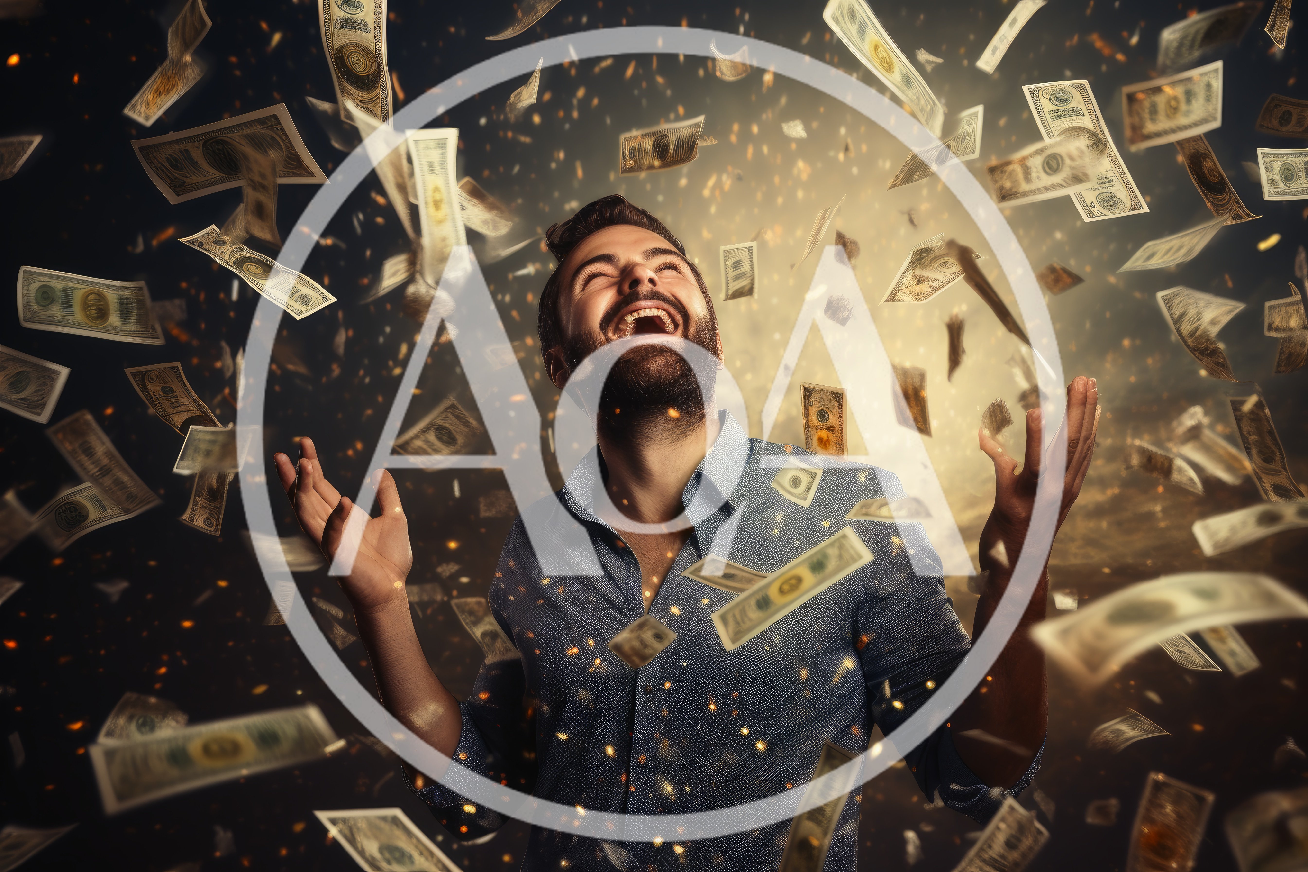 Excited Man Celebrating Success Under Falling Money