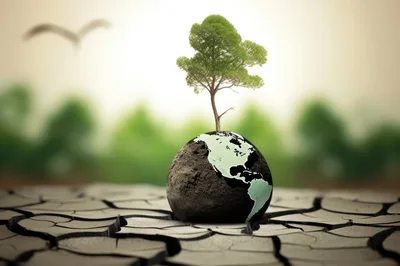Small Tree Growing From A Globe On Cracked Earth