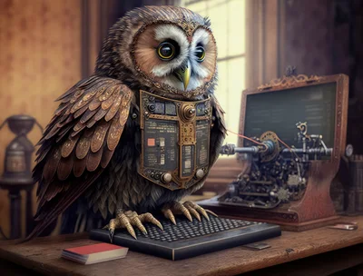 Steampunk Owl Robot Typing On A Vintage Keyboard