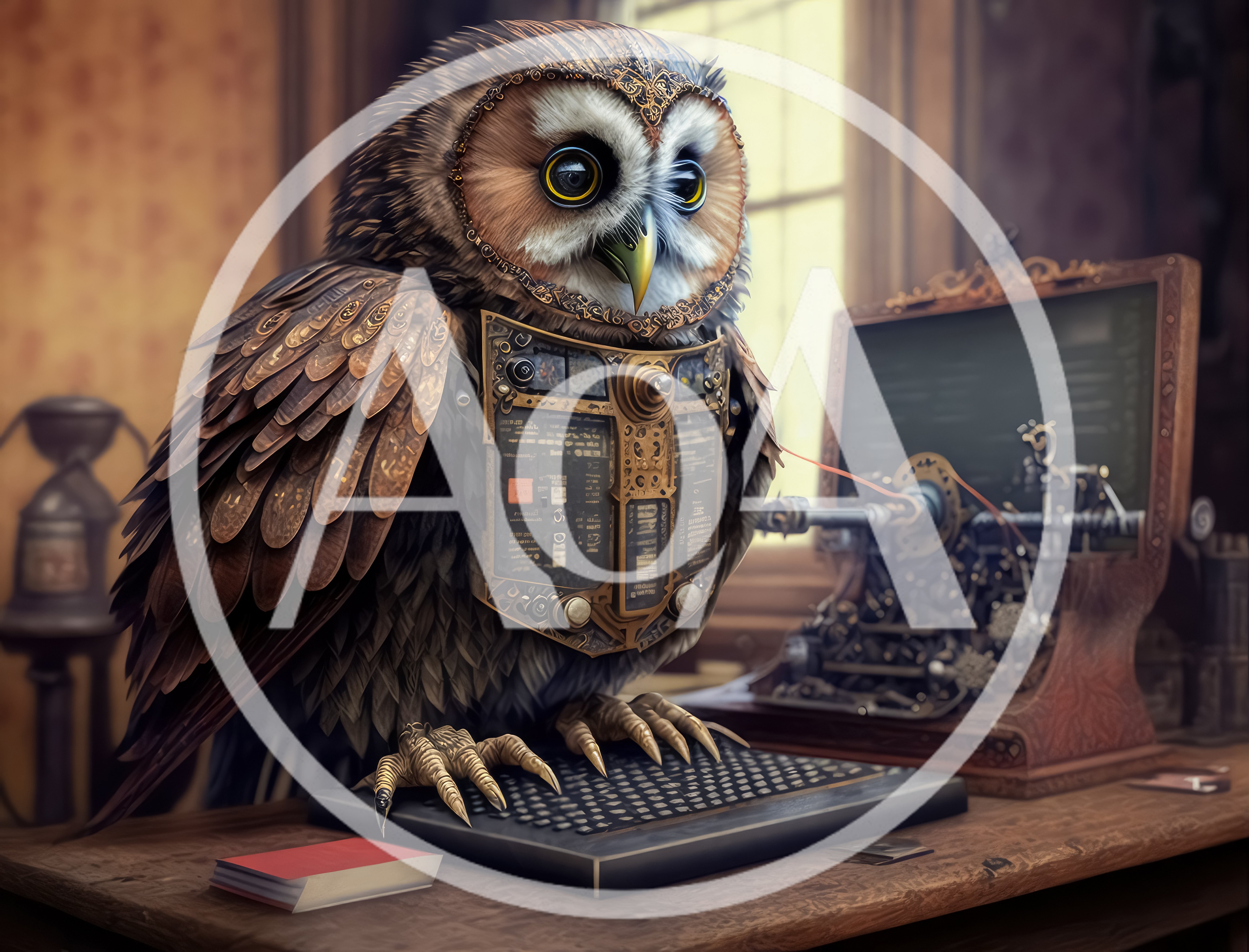 Steampunk Owl Robot Typing On A Vintage Keyboard