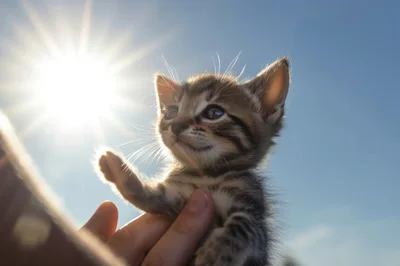 Tiny Tabby Kitten Held Up Against Bright Sunny Sky