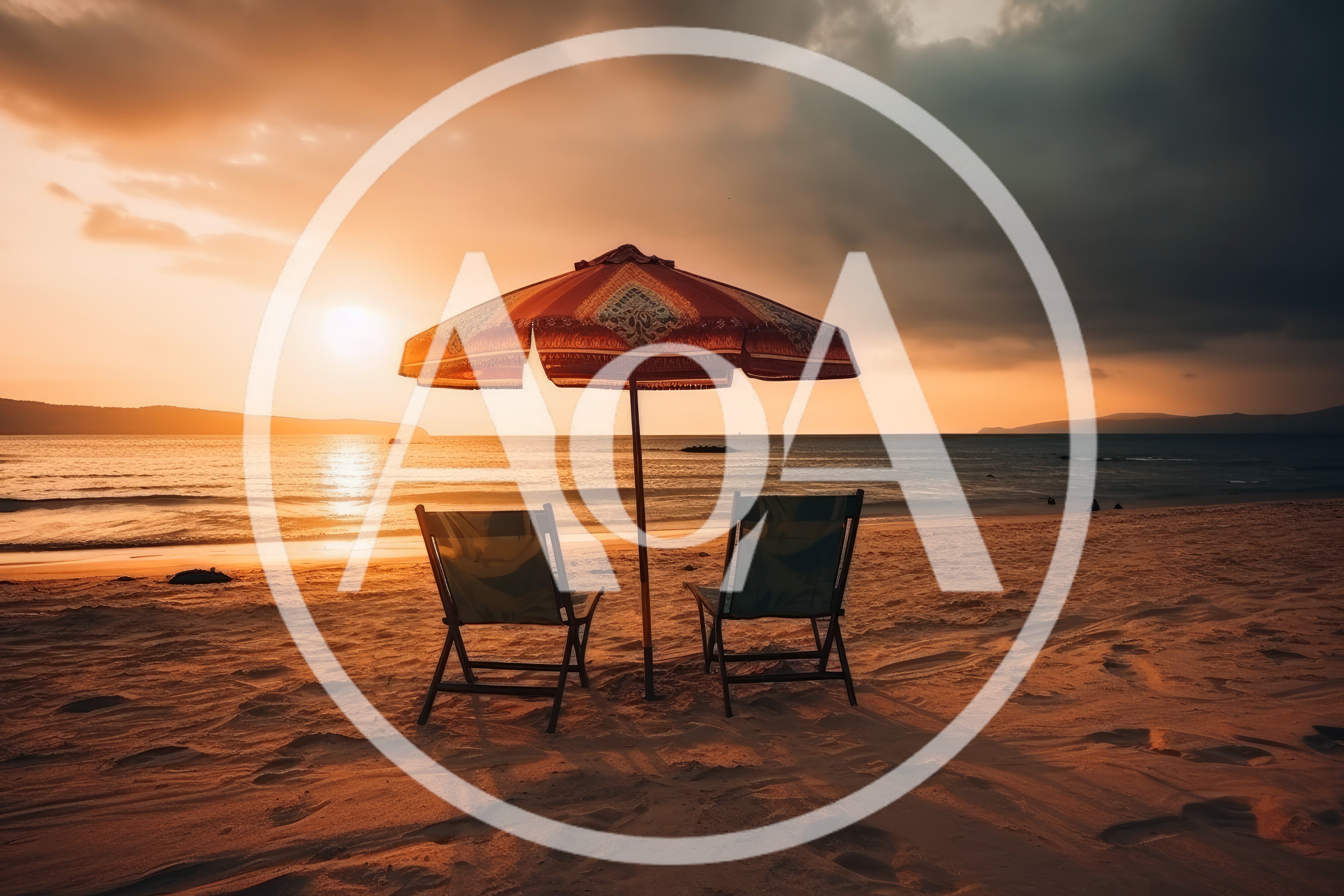 Two Empty Beach Chairs Under Umbrella At Sunset