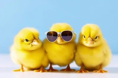 Three Cute Yellow Chicks Standing Together