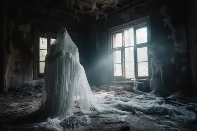 Ghostly Figure Standing In An Abandoned Dilapidated Room