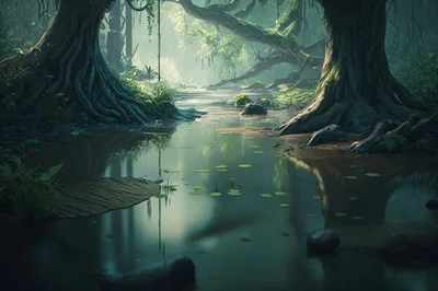 Serene Forest Stream With Lush Vegetation And Ancient Trees