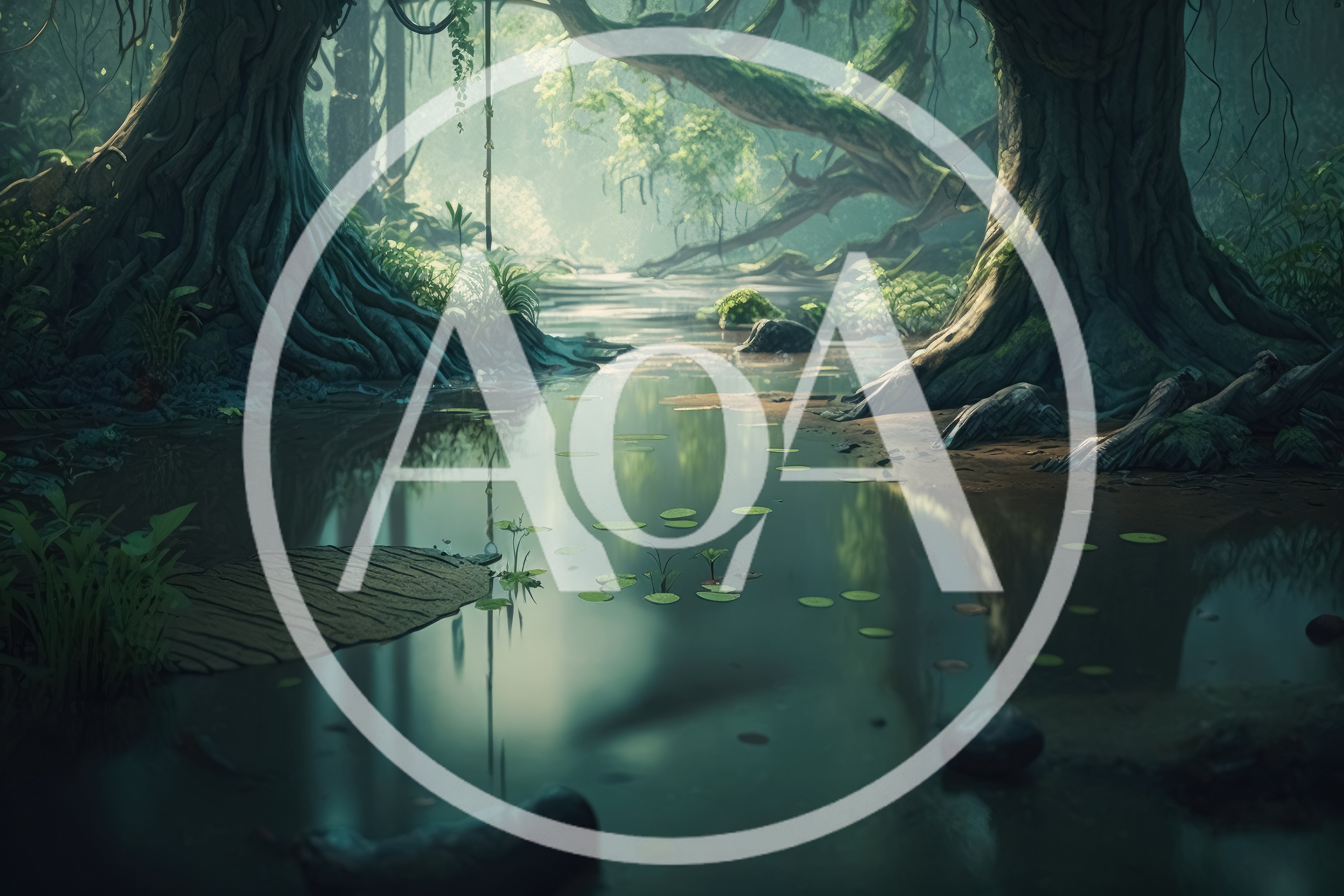 Serene Forest Stream With Lush Vegetation And Ancient Trees