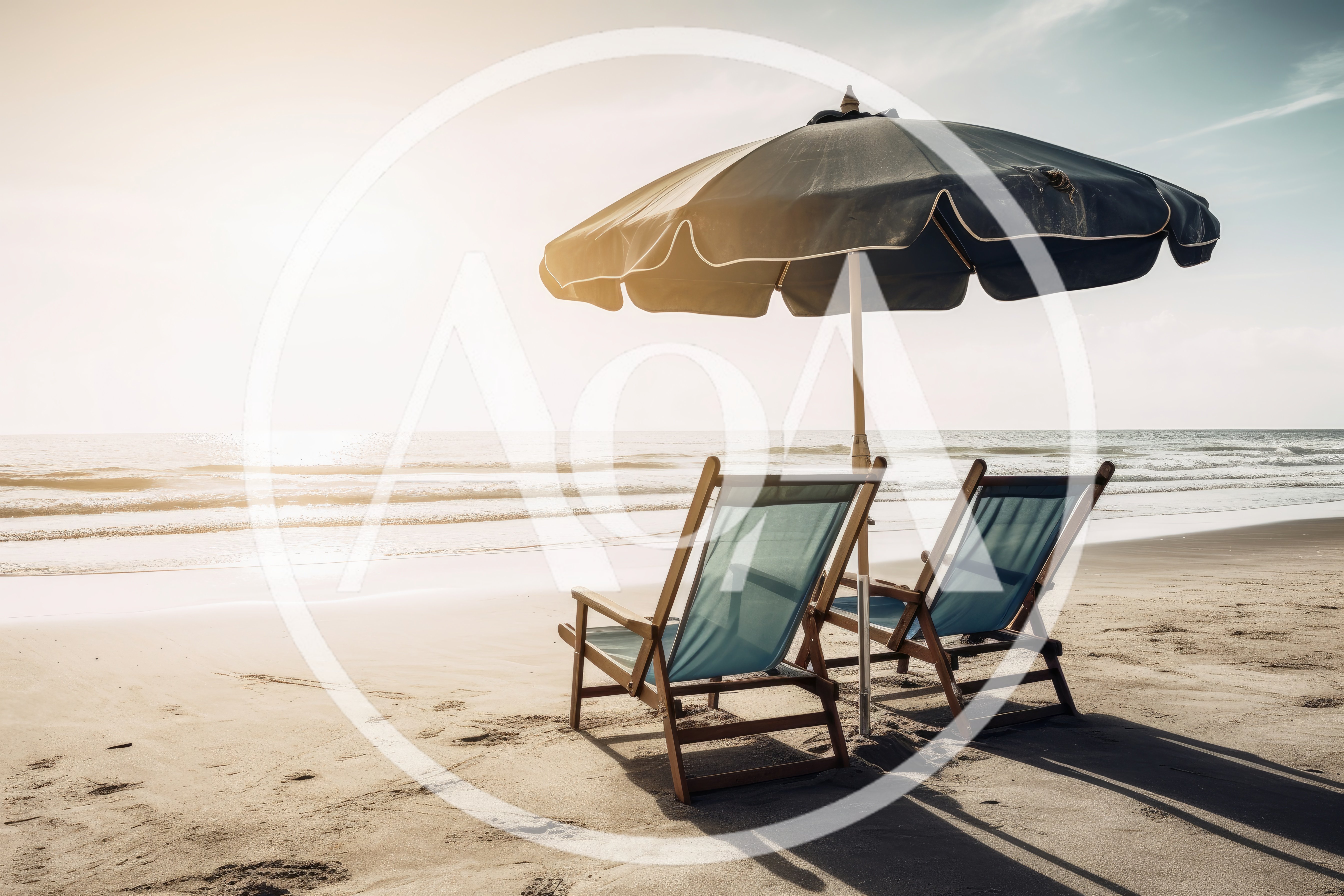 Two Empty Beach Chairs Under Umbrella At Sunset