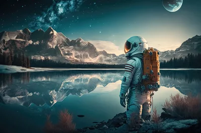 Astronaut Standing By A Serene Mountain Lake