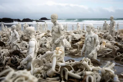Surreal Robotic Figures Standing On A Debris Covered Beach