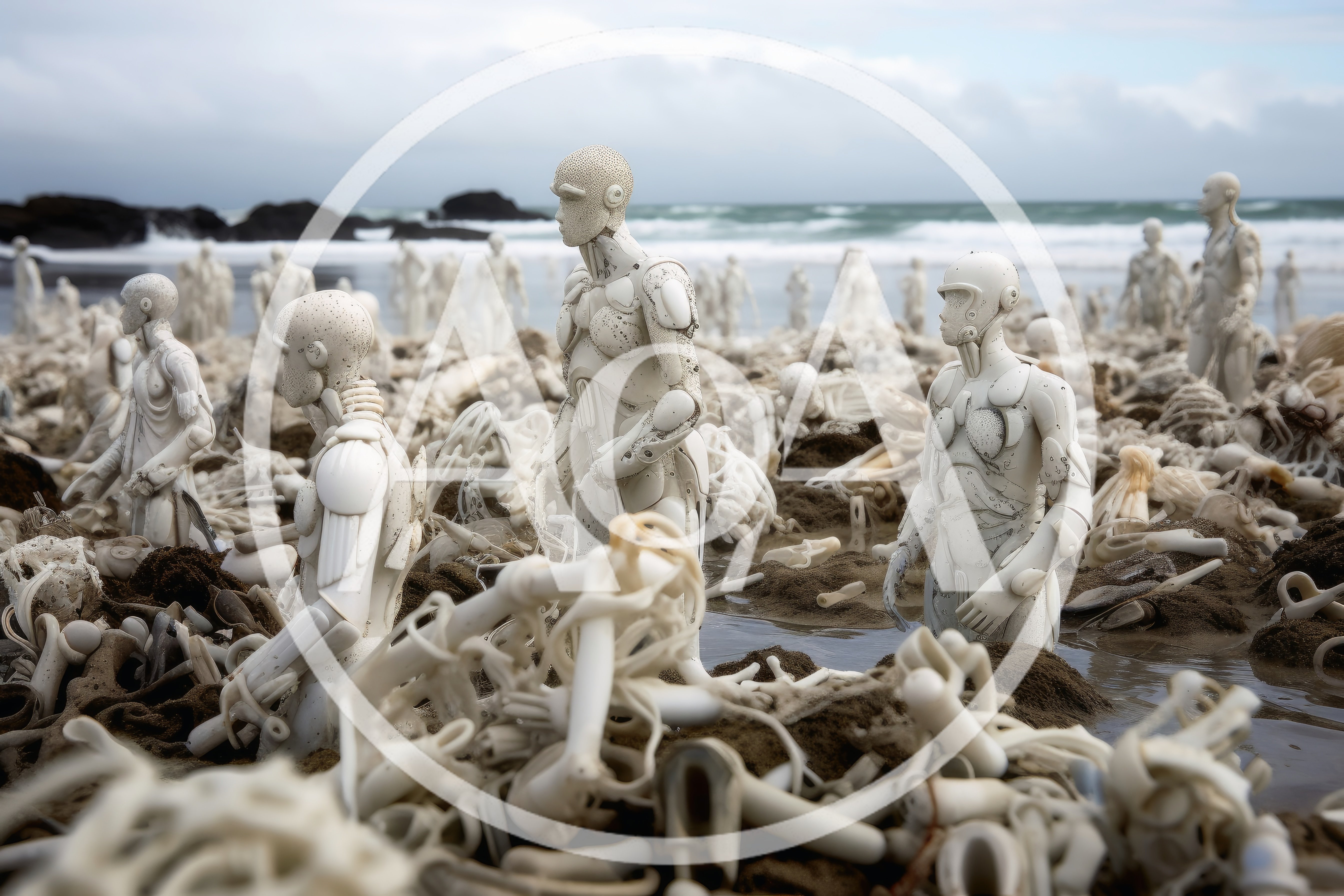 Surreal Robotic Figures Standing On A Debris Covered Beach