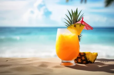 Tropical Pineapple Cocktail on a Sunny Beach