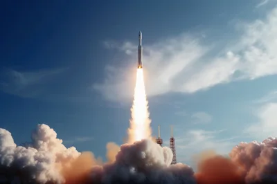 Space Rocket Launching Into Clear Blue Sky
