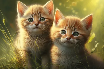 Two Adorable Ginger Kittens Sitting In Green Grass