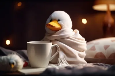 Cozy Stuffed Duck Wrapped In A Scarf With A Mug