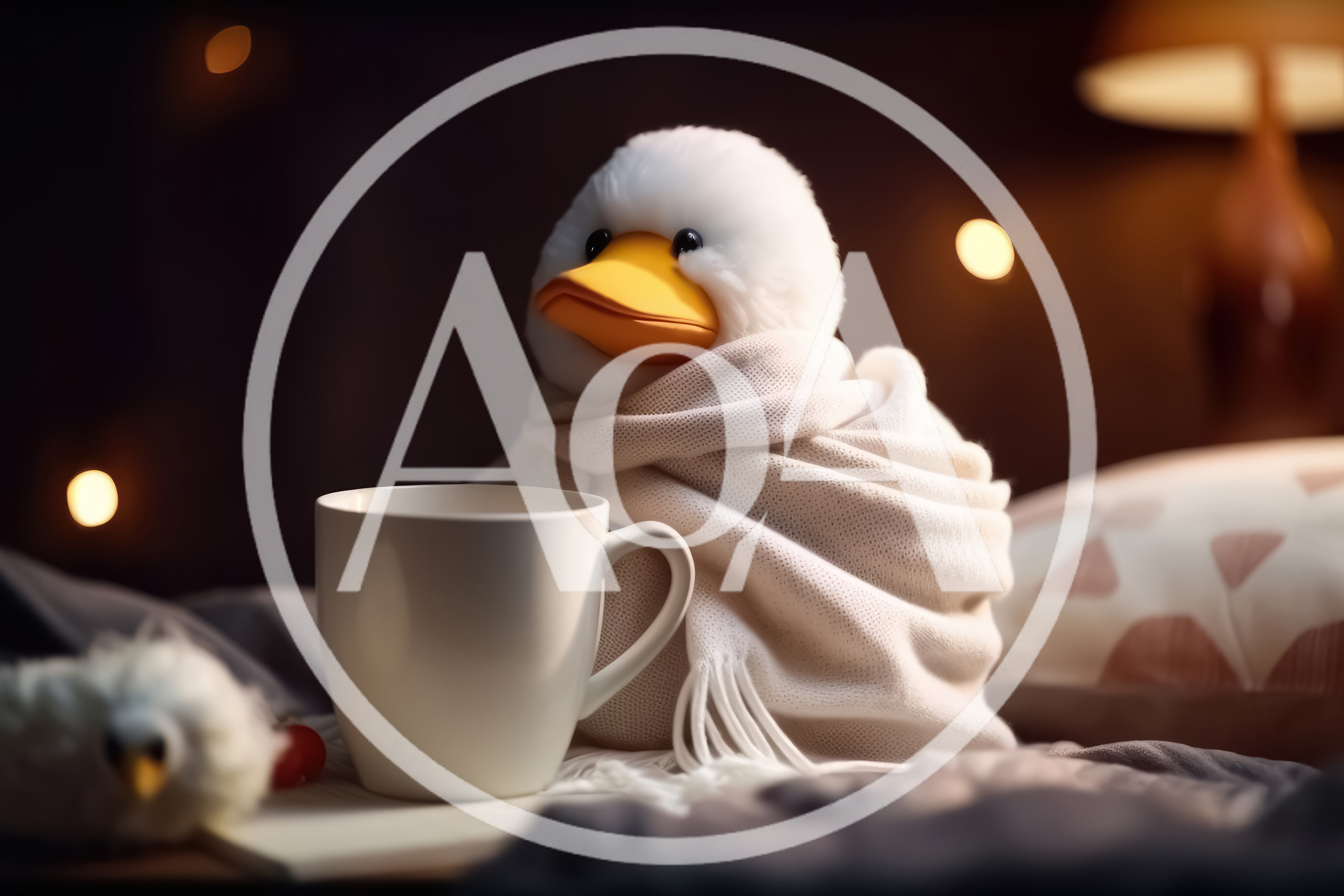Cozy Stuffed Duck Wrapped In A Scarf With A Mug