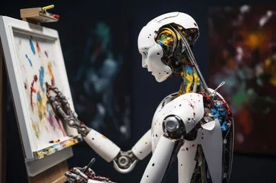 Humanoid Robot Painting Abstract Art on Canvas