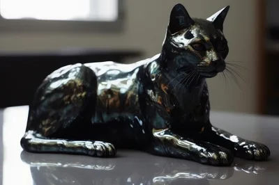 Shiny Metallic Cat Statue On A Reflective Surface