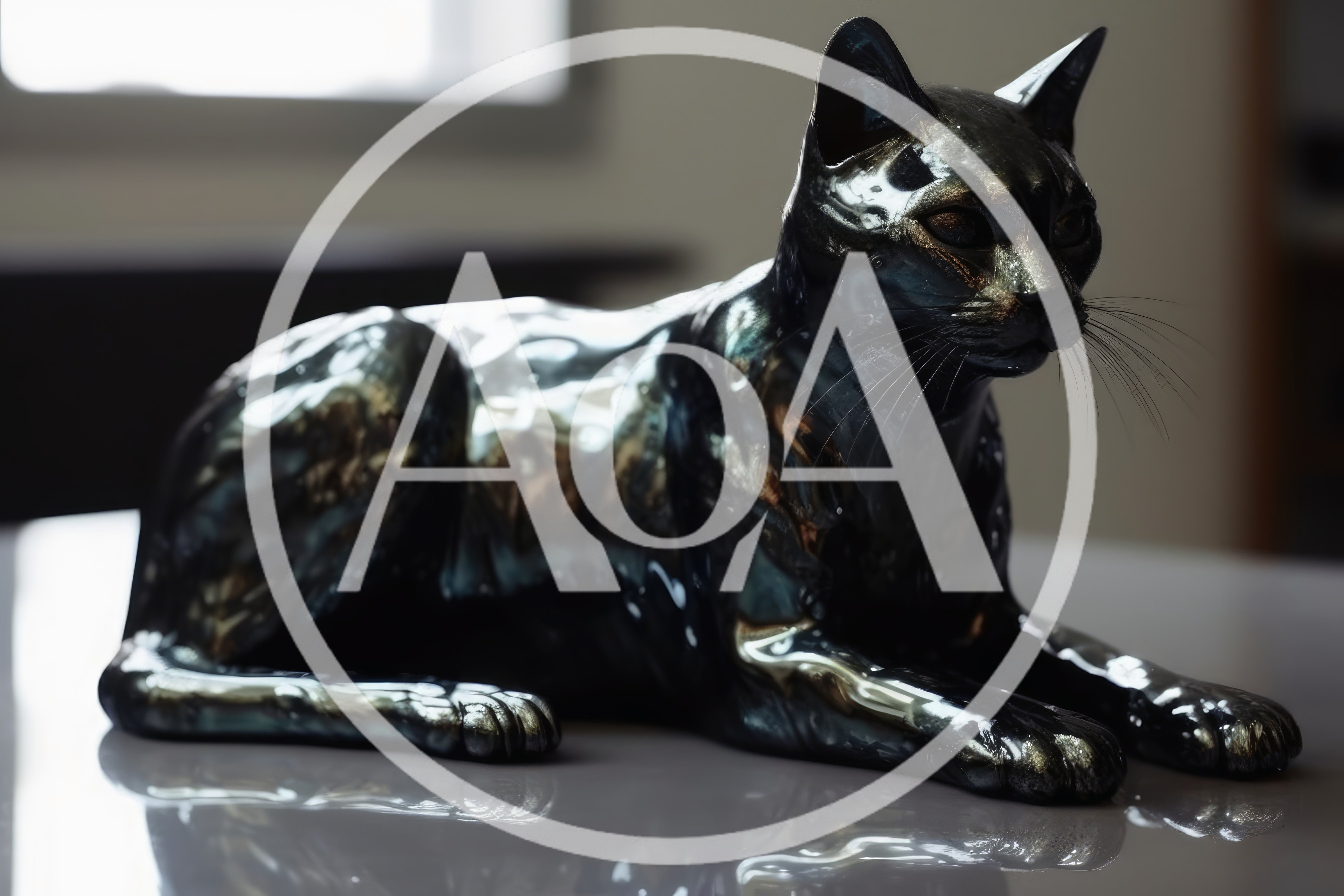 Shiny Metallic Cat Statue On A Reflective Surface