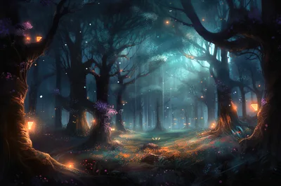 Enchanted Forest With Glowing Lights And Magical Atmosphere