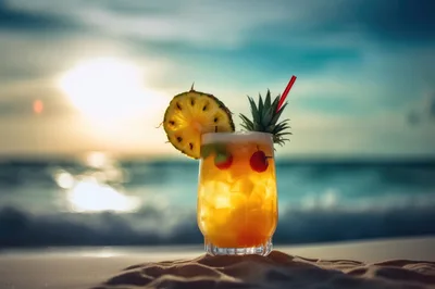 Tropical Cocktail Drink on Sandy Beach at Sunset