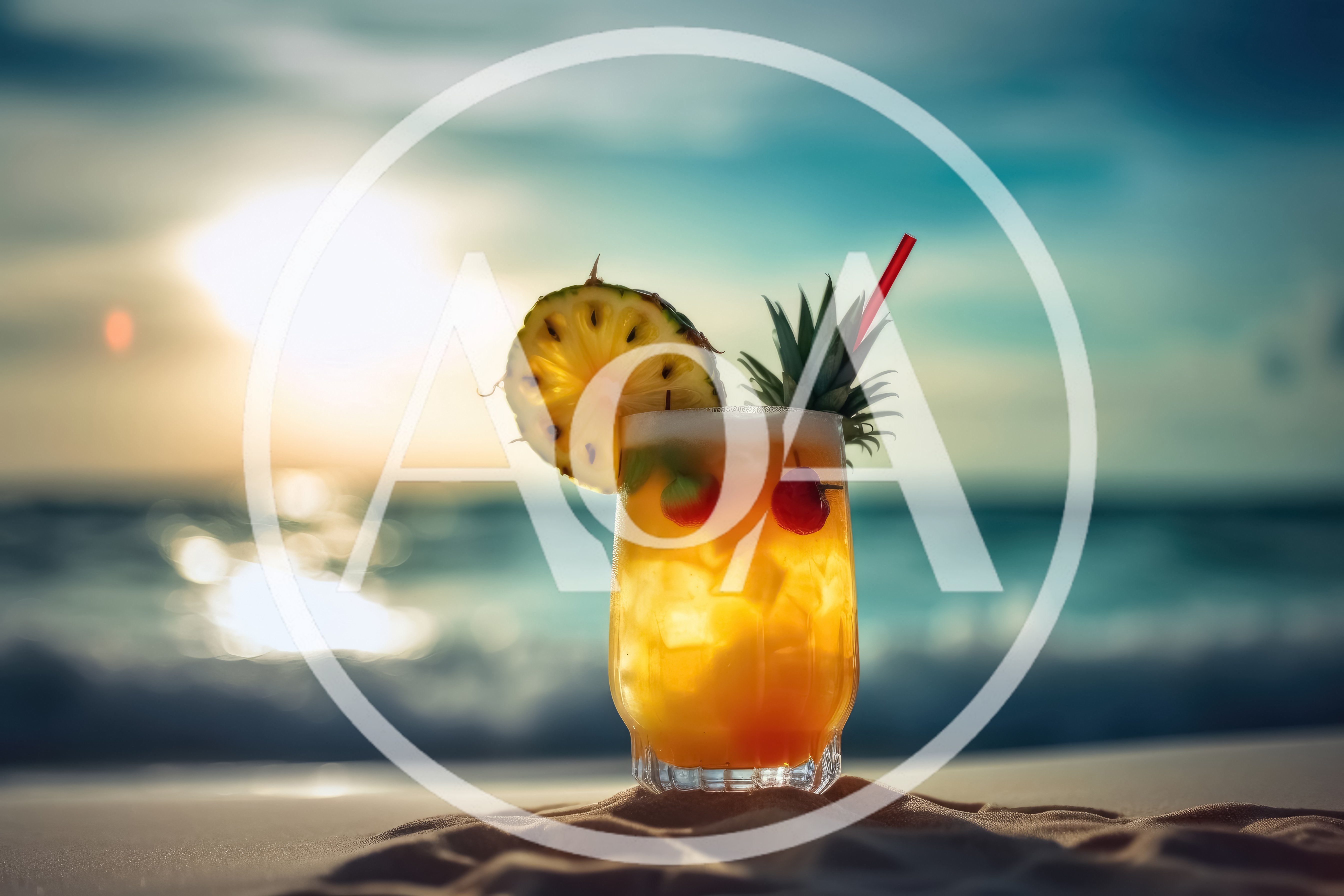 Tropical Cocktail Drink on Sandy Beach at Sunset