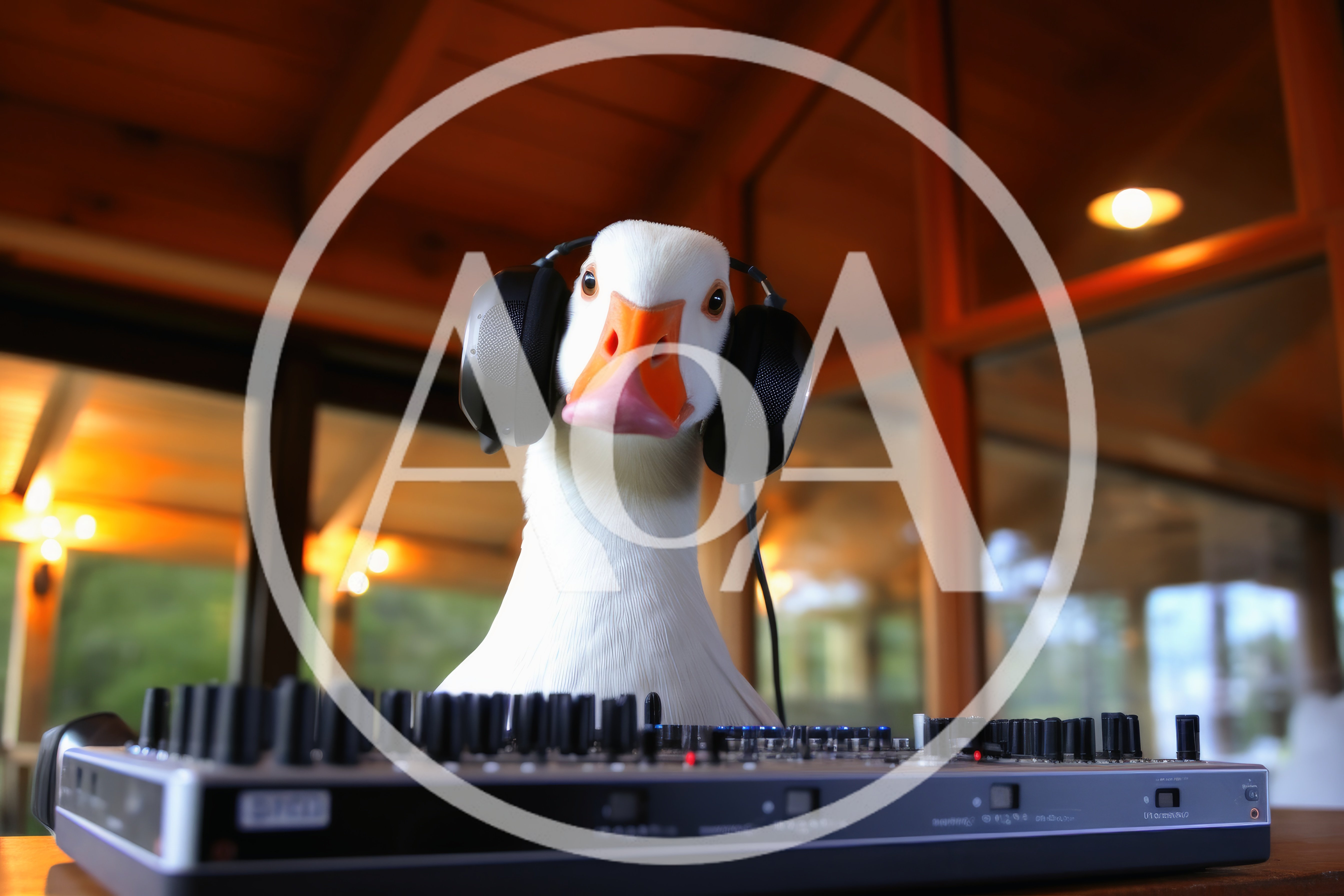 Funny Duck Wearing Headphones DJing On Audio Mixer