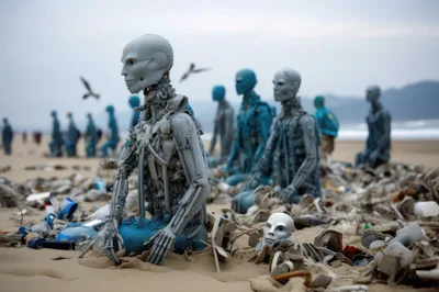 Surreal Robotic Figures Kneeling On A Polluted Beach