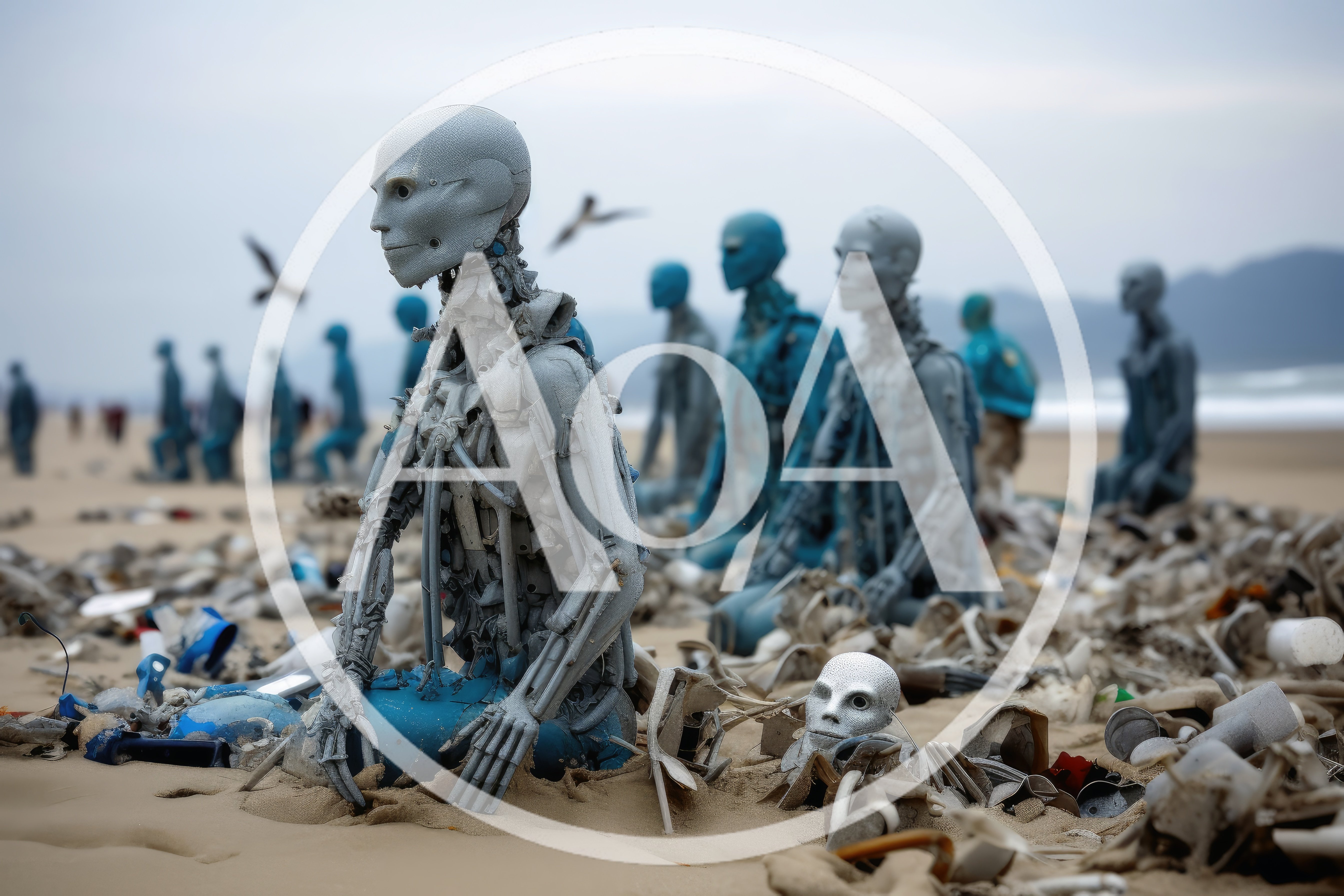 Surreal Robotic Figures Kneeling On A Polluted Beach