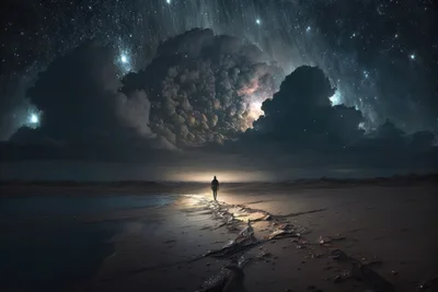 Lone Figure Walking Across Surreal Desert Landscape