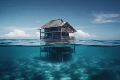 Submerged Wooden House In The Middle Of The Ocean