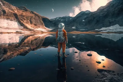 Astronaut Standing In A Reflective Mountain Lake