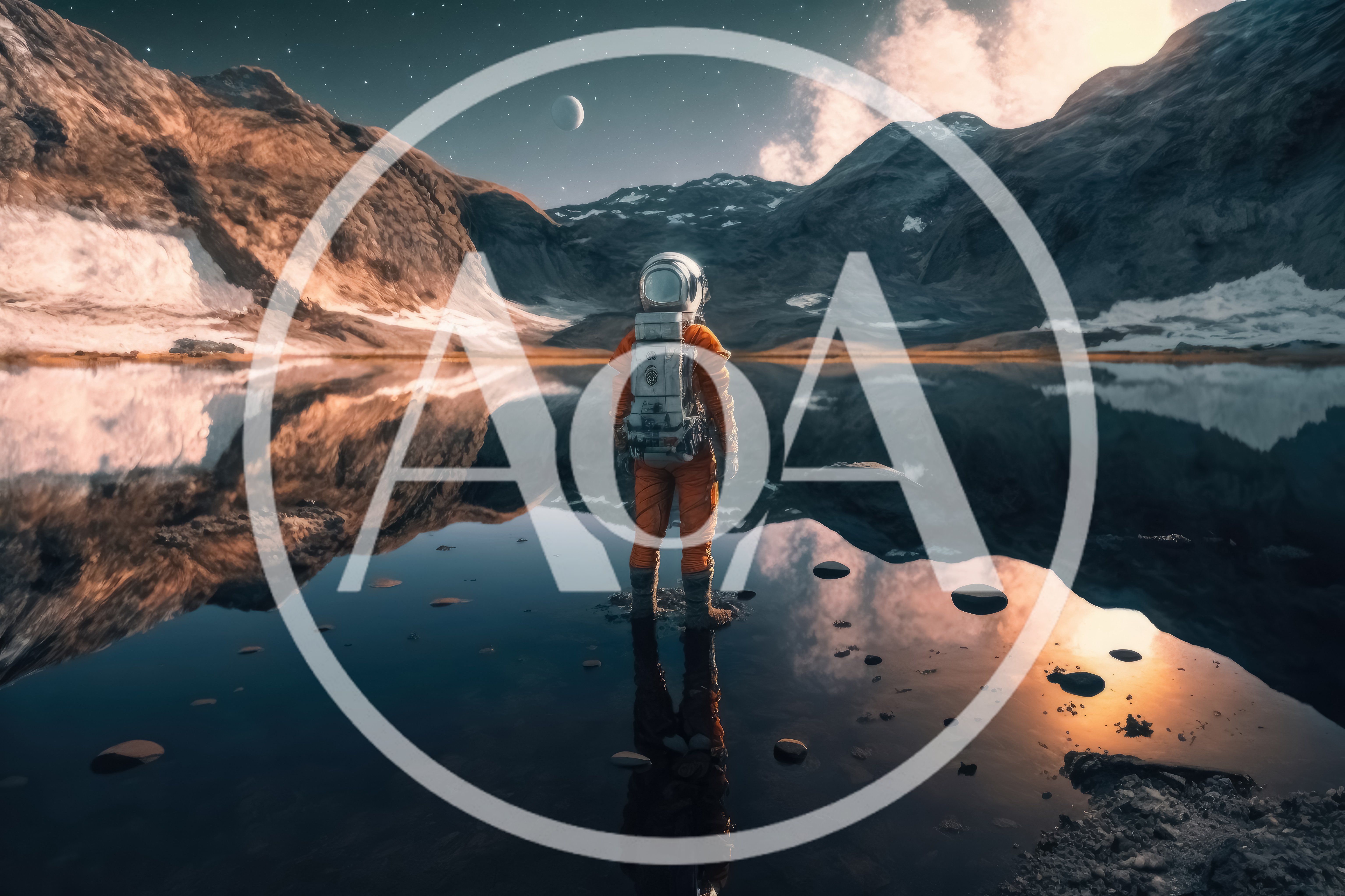 Astronaut Standing In A Reflective Mountain Lake