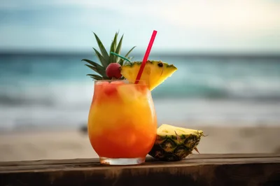 Tropical Fruit Cocktail On A Beachside Wooden Table